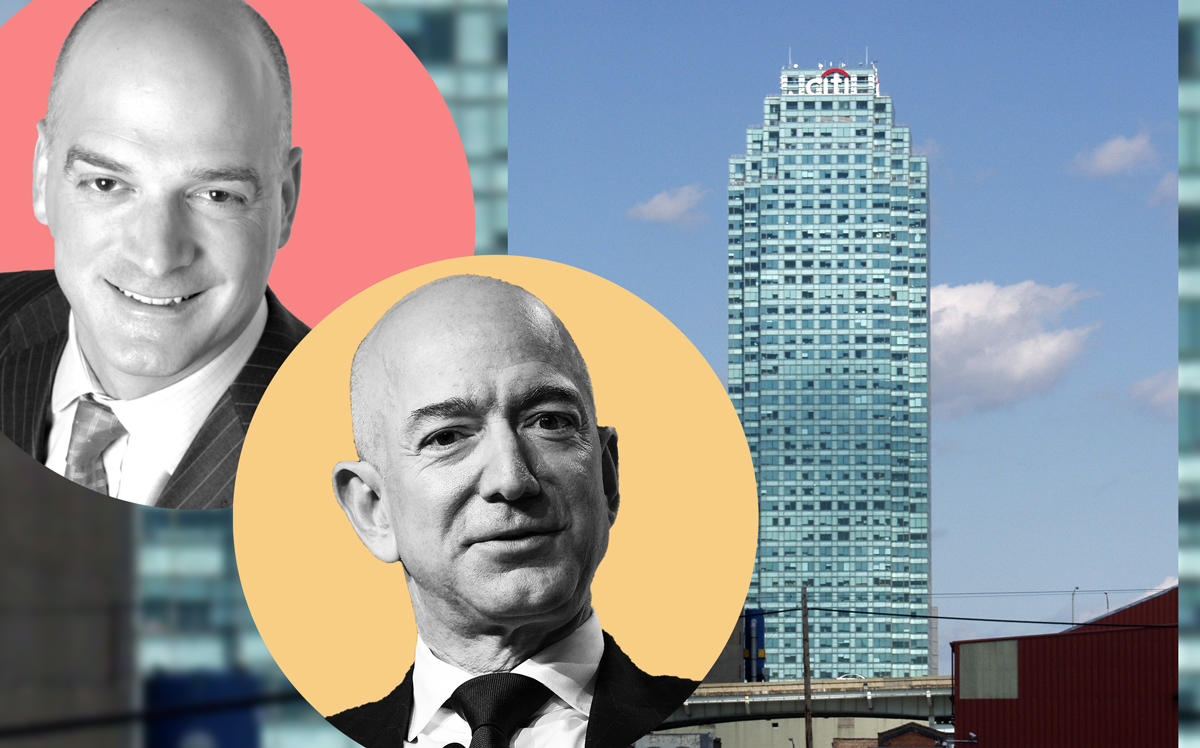 Nicholas Bienstock, Jeff Bezos, and One Court Square (Credit: Getty Images and Wikipedia)