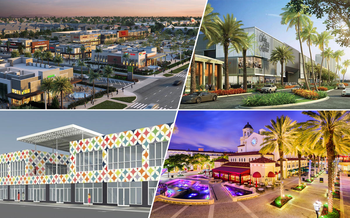 Clockwise from top left: Pines City Center, a rendering of Bal Harbour Shops, the New Wynwood building at 160 Northwest 26th Street, and Galleria at Fort Lauderdale