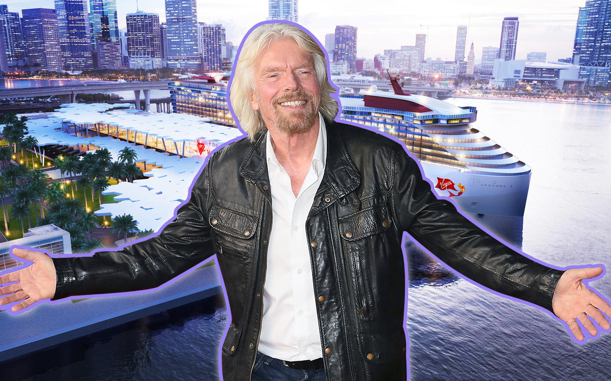 Rendering of Virgin Voyages terminal and Richard Branson (Credit: Getty Images)