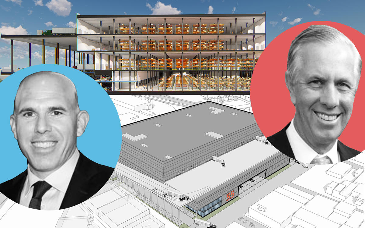 Scott Rechler (blue), David Thomas (red) and renderings of the Grand Logistics Center in Maspeth (Credit: Getty Images)