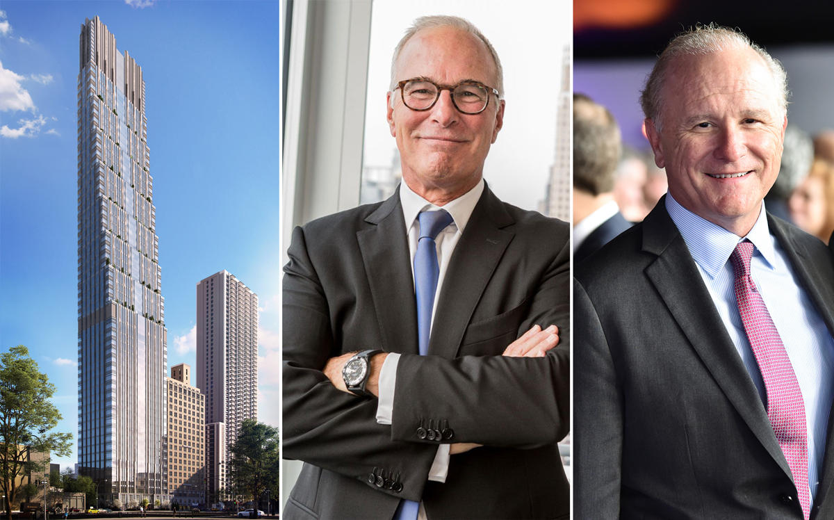 From left: renderings of 200 Amsterdam, SJP’s Steven Pozycki, and Mitsui Fudosan America CEO John Westerfield (Credit: Elkus Manfredi via Yimby, SJP Project Solutions, and Getty Images)