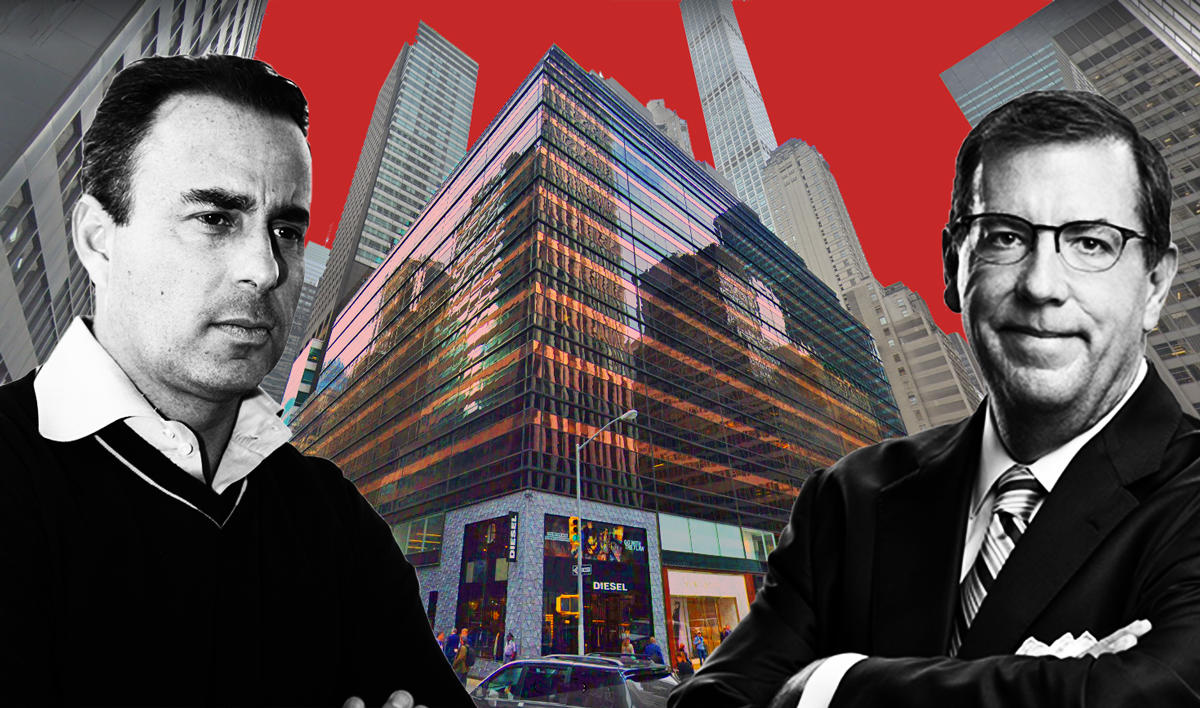 From left: Ashkenazy CEO Ben Ashkenazy, 625 Madison Avenue, and SL Green's Steven Durels (Credit: Adam Pincus (Ashkenazy), SL Green (Durels), and Google Maps)