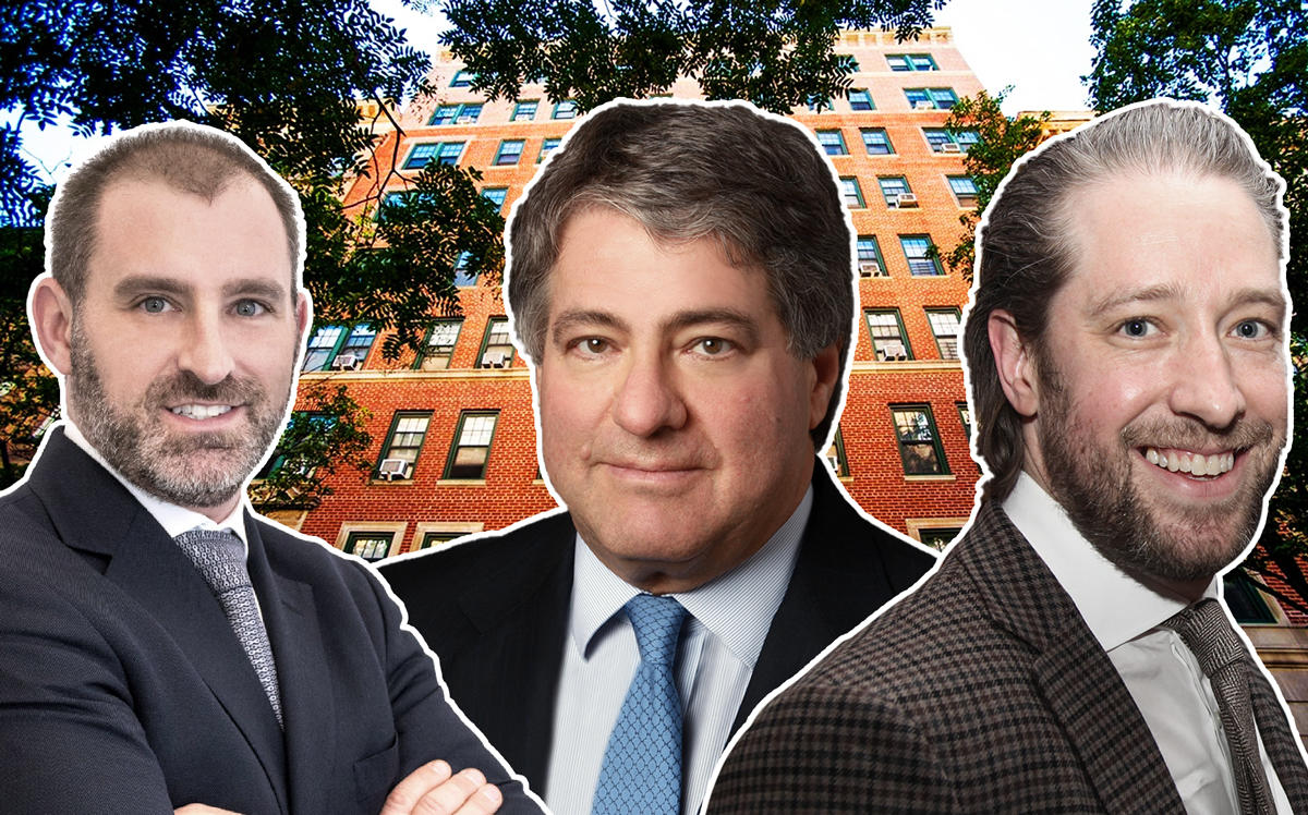 From left: GreenOak Real Estate's Kevin Robinson, Apollo Global Management’s Leon Black, and Slate Property Group’s David Schwartz with 150 West 82nd Street (Credit: GreenOak, Harvard, and CityRealty)