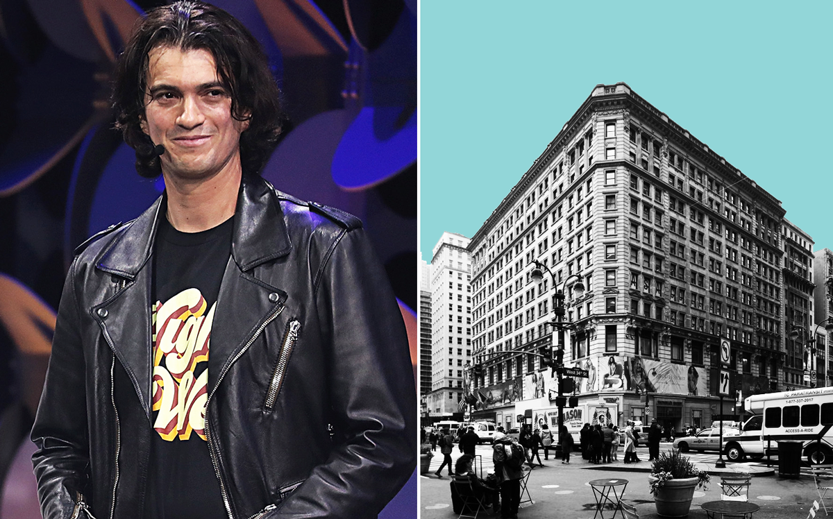 Adam Neumann and 2 Herald Square (Credit: Getty Images and LoopNet)