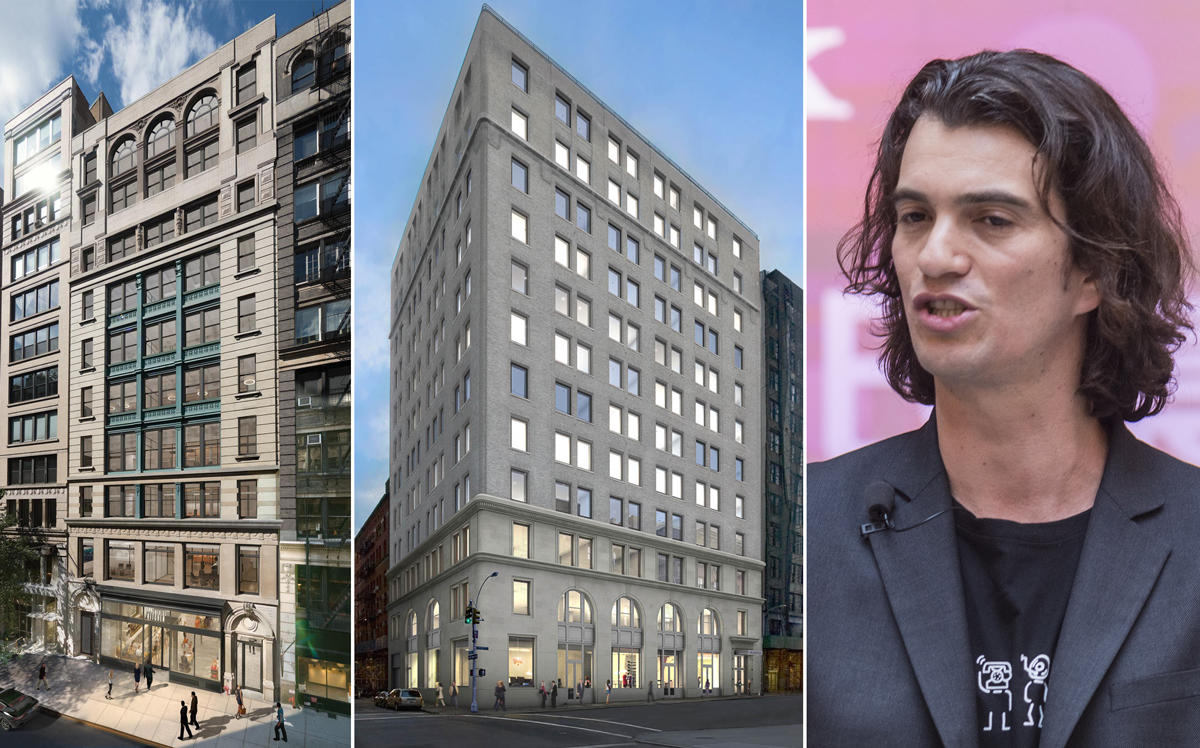 57 East 11th Street, 148 Lafayette Street, and Adam Neumann (Credit: Property Group Partners and Getty Images)