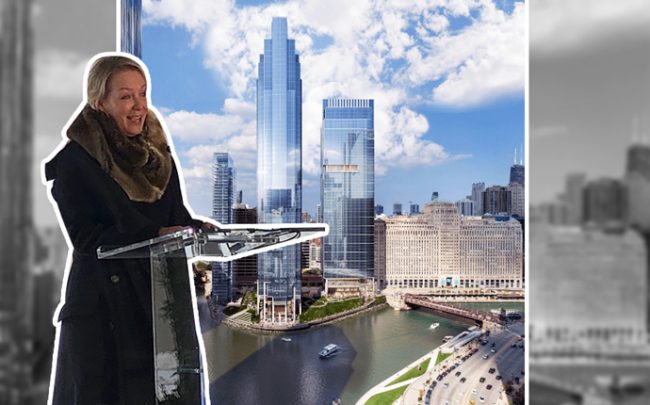Elizabeth Pinkham, Salesforce vice president of real estate, and a rendering of Salesforce Tower. (Credit: Salesforce)
