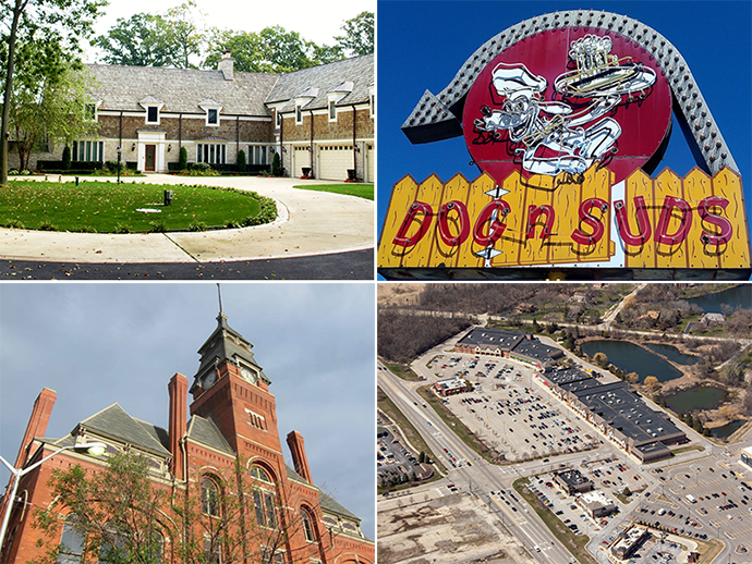 Clockwise from top left: Lake Bluff mansion, Dog n Suds, Kildeer shops and Pullman Clock Tower