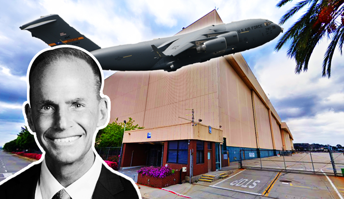 A Boeing C-17 Globemaster and the main assembly building at Boeing's Long Beach property with CEO Dennis A. Muilenburg