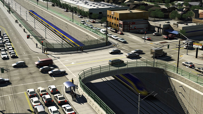 A rendering of a California High Speed Rail train traveling through Burbank