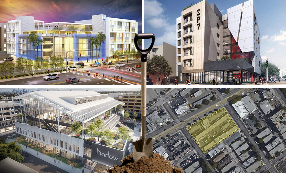 Clockwise from top left: The Q West, SP7 Apartments, 1500 South Granville Avenue and Harlow. (Shovel credit: iStock)