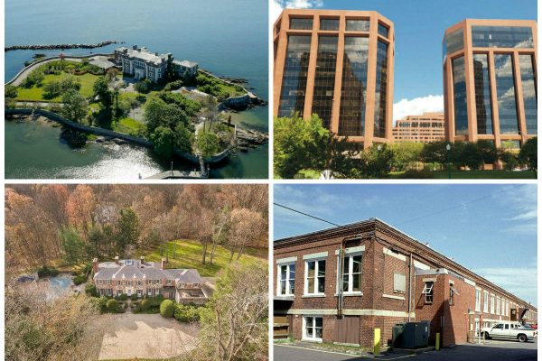 <em>Clockwise from top left: Historic New Rochelle home with waterfront views sells for $16M, a developer presents plans for ‘City Square’ mixed-use project in White Plains, a 10-building ‘Innovation Center’ campus in Bridgeport sells for $7.9M and a Darien mansion once owned by soap magnates heads to auction.</em>