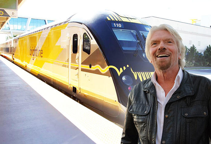 A Brightline train and Richard Branson