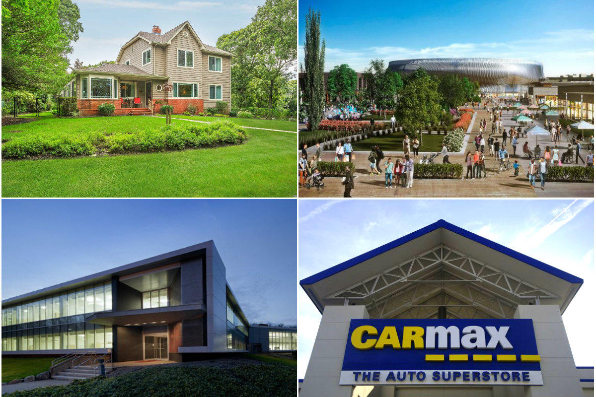 Clockwise from top left: Pending home sales in Nassau and Suffolk counties bounce back in October, review could take years for RXR Realty and BSE Global's $1B coliseum project, a $20.5M car dealership will replace a shuttered Smithtown concrete plant and a Port Washington industrial building gets refinanced with $22.9M mortgage.