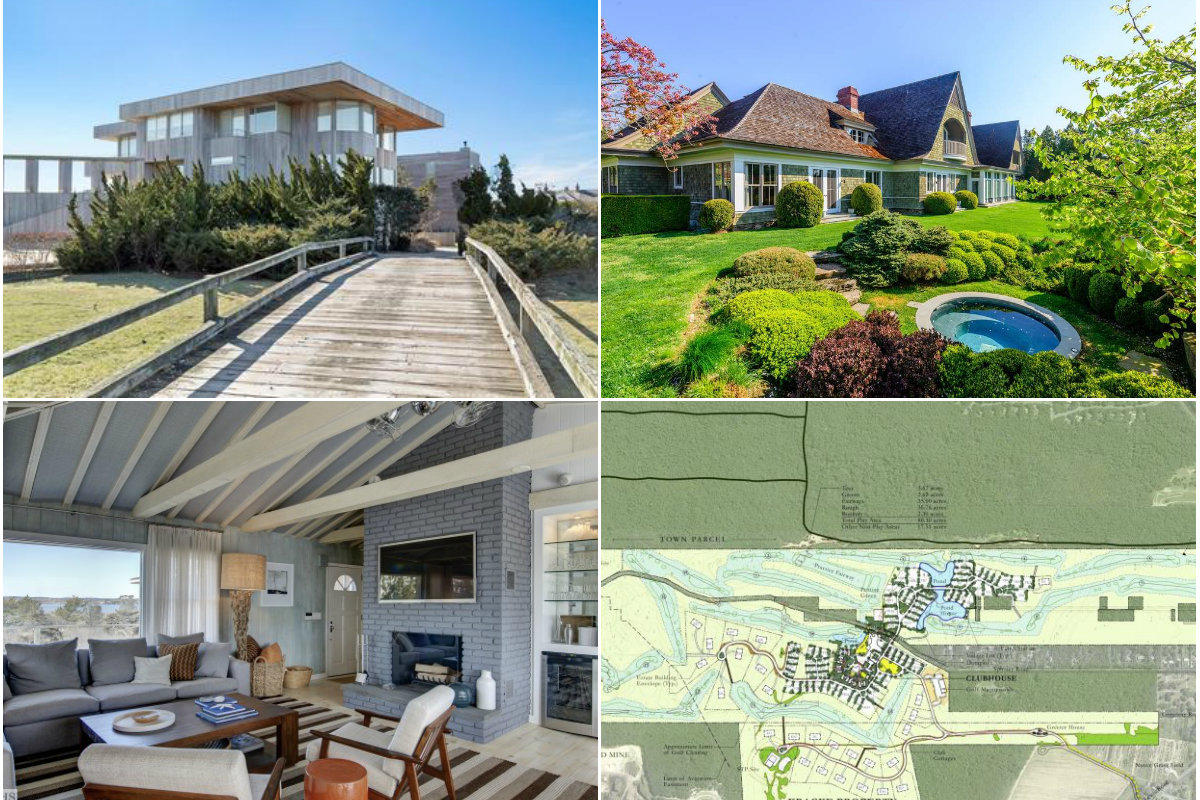 Clockwise from top left: An oceanfront Southampton home gets a $4M price cut, East Hampton estate with NBA history sells for $13.6M, Southampton to vote on The Hills golf and housing development, and Mel Brooks' former Water Mill home gets its price chopped to $11.5M.