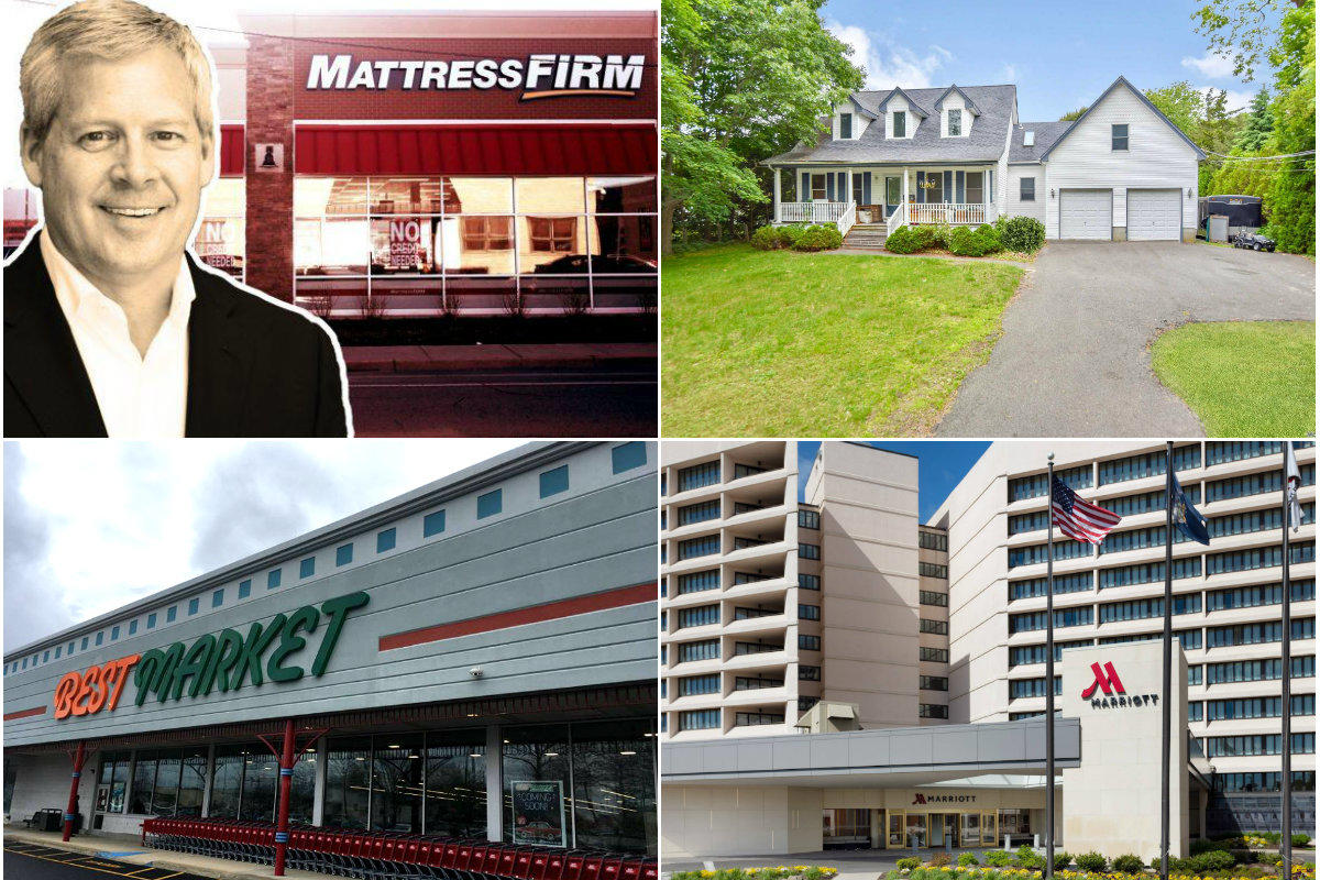 Clockwise from top left: Mattress Firm seeks tax breaks from Nassau County, Long Island's median home price increases over October 2017, Starwood Capital Group sells Uniondale Marriott, and a German grocery chain acquires 24 Best Market stores on Long Island.