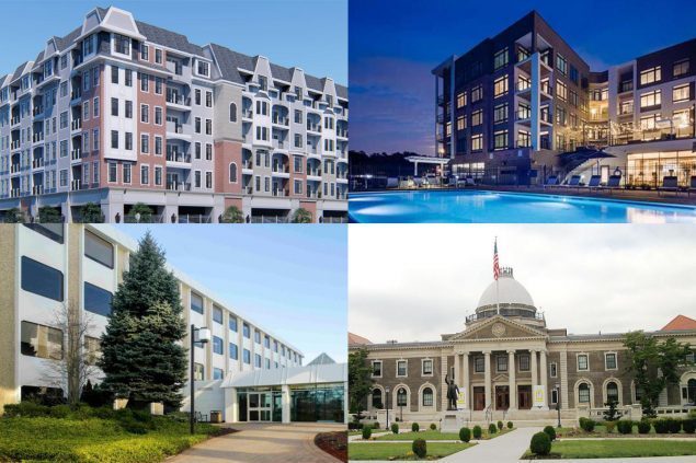 Clockwise from top left: Lynbrook rejects a $75M Cornerstone apartment complex, rising number of rentals helps Long Island communities, Nassau lawmakers approve $100M to pay back delayed property tax refunds, and a two-building Melville office complex sells for $69M.