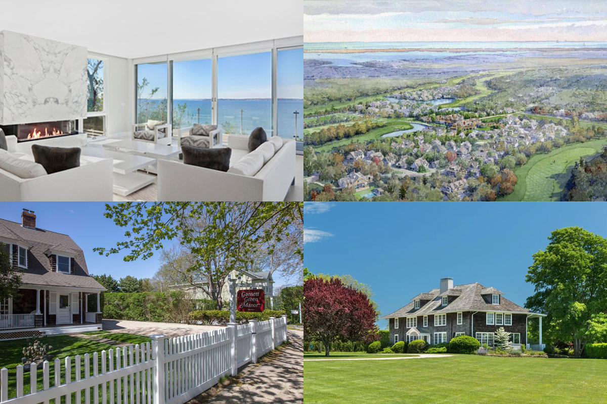 Clockwise from top left: Sleek home on Noyack Bay lists for $11.95M, Southampton zoning board approves an East Quogue golf course, 19th century Bridgehampton home has ask cut to $7.8M and Gansett Green Manor in Amagansett lists for $6.9M.