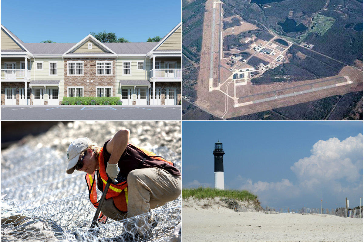 Clockwise from top left: The Vistas of Port Jefferson gets $52.5M construction loan, Riverhead to vote on $40M sale of 1,643 acres in Calverton, demolition begins on 24 Fire Island homes and Long Island sees rise in construction jobs.