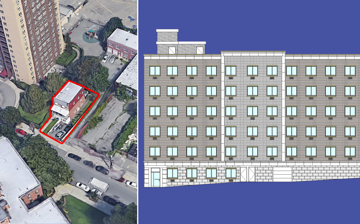 The site at 829 Tilden Street in the Bronx and a rendering of the 92-unit residential building