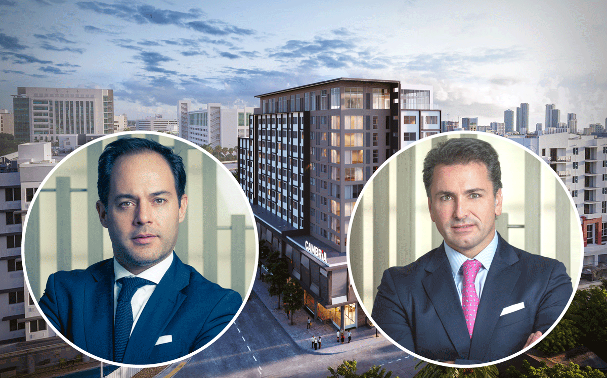 A rendering of the Cambria hotel with Camilo Lopez (left) and Jorge Escobar