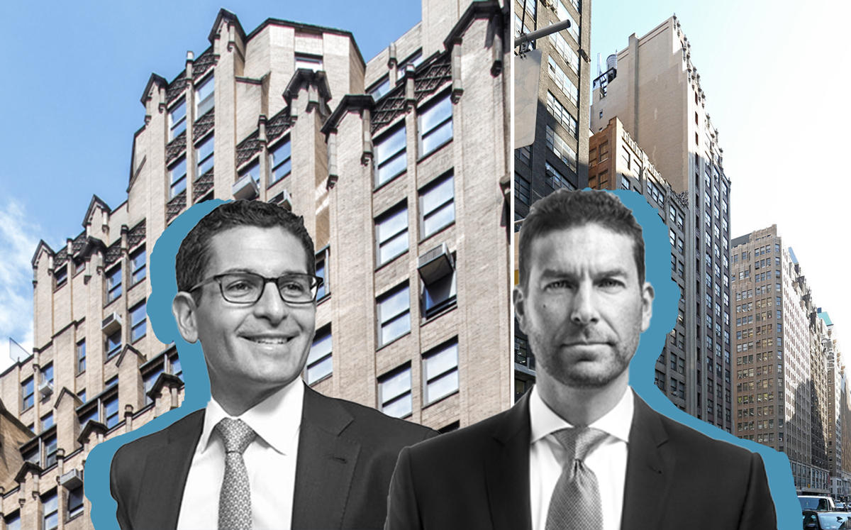 From left: David Peretz and Jonathan Yormak with 251 West 39th Street and 580 8th Avenue (back) (Credit: East End Capital and LoopNet)