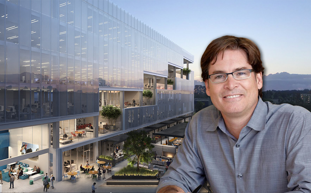 Gensler's principal John Adam and a rendering of office plans in Culver City