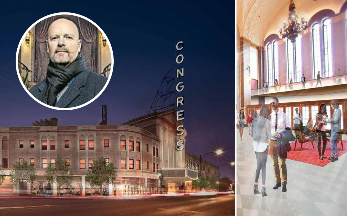 Michael Moyer and renderings of Congress Theater (Credit: Twitter and LinkedIn)