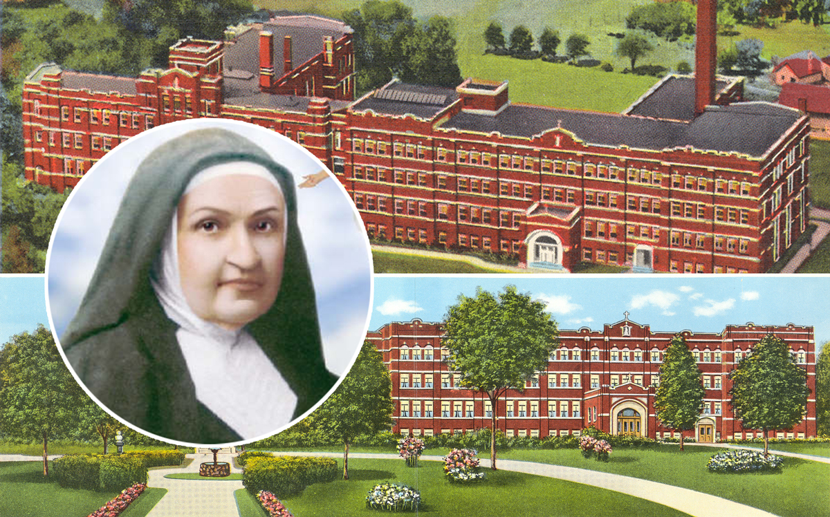 Historical illustrations of 7432 West Talcott Avenue and Sister Celine Borzecka, founder of Sisters of the Resurrection
