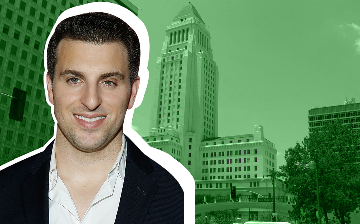 Airbnb CEO Brian Chesky and Los Angeles City Hall (Credit: Getty Images)