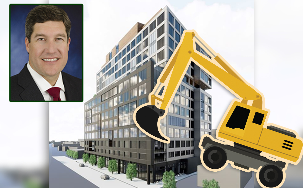 Adam Saphier and a rendering of Trammel’s proposed office building (Credit: iStock)