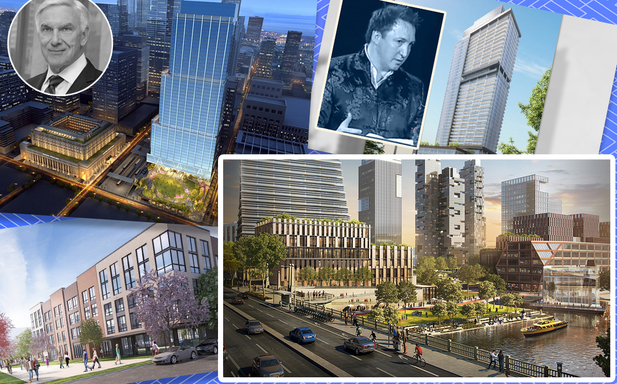From top left, clockwise: A rendering of the Union Station redevelopment and John O’Donnell, Onni Group President Rossano de Cotiis, A rendering of The 78, and A rendering of the Habitat Company’s planned West Side mixed-use complex (Credit: Twitter)