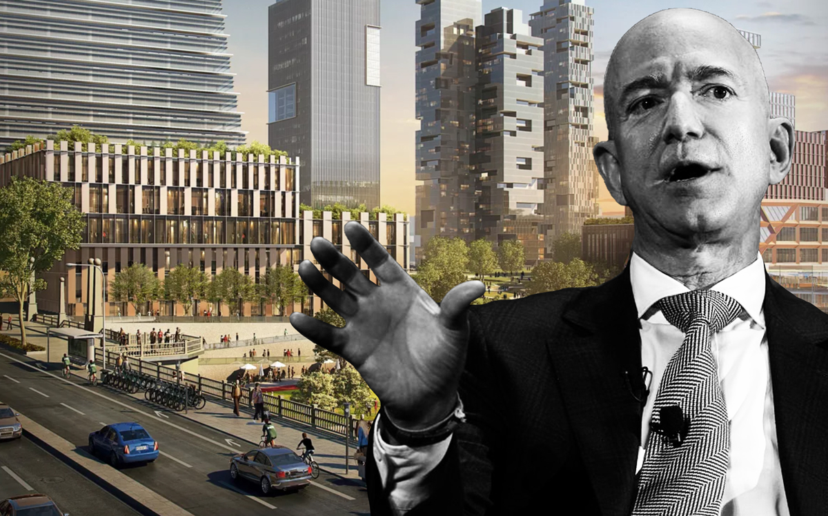 A rendering of The 78 development and Jeff Bezos (Credit: Curbed  Chicago and Getty Images)