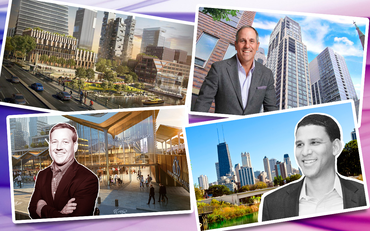 From top left, clockwise: Rendering of The 78, JDL Development’s Jim Letchinger and 9 West Walton Street, Robert Reffkin, and Sterling Bay’s Andy Gloor with a rendering of of Lincoln Yards (Credit: Related Midwest, Gold Coast Realty Chicago, Sterling Bay, and iStock)
