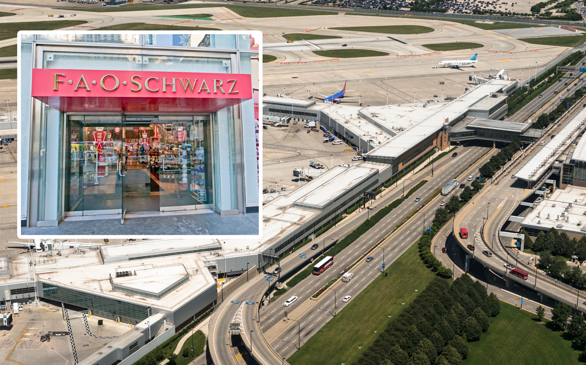 Midway Airport and FAO Schwarz’s now-closed flagship store in Manhattan (inset) (Credit: iStock)