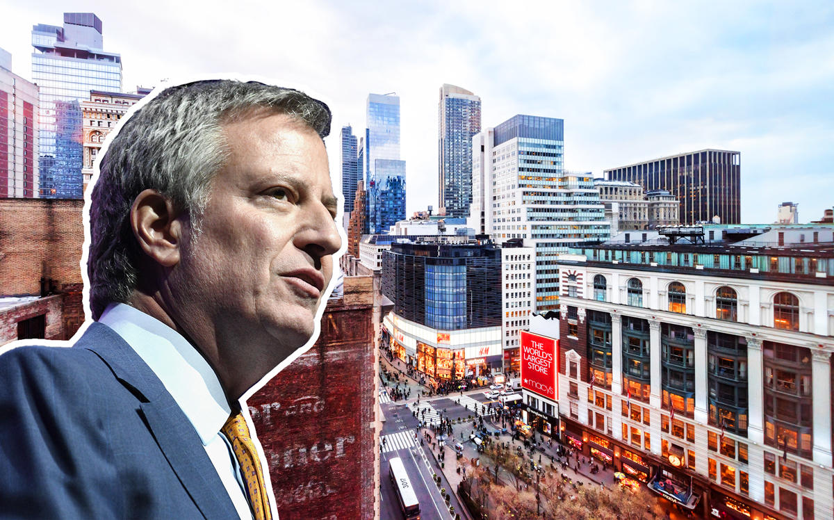 Mayor Bill de Blasio and the Garment District (Credit: Getty Images and iStock)