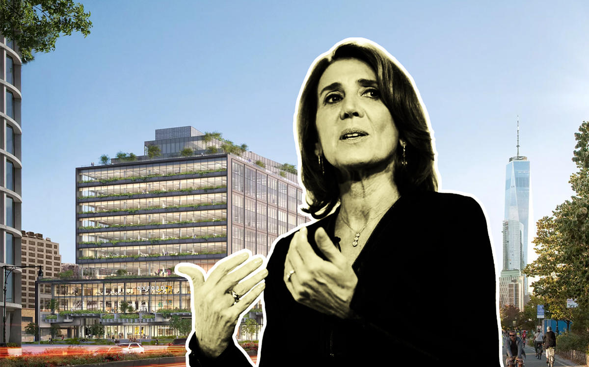 Alphabet CFO Ruth Porat and renderings of 550 Washington Street (Credit: Getty Images and Curbed NY)