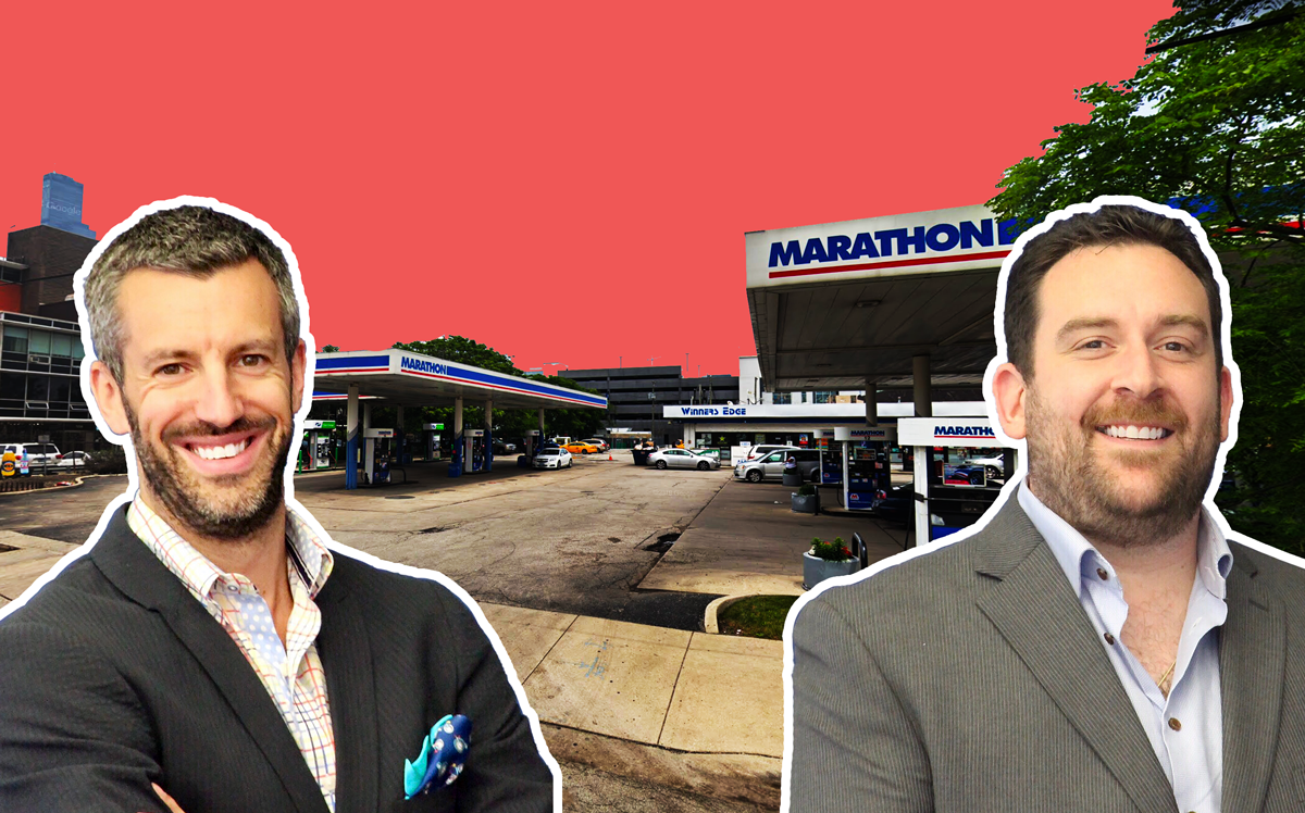 GW Properties principals Mitch Goltz (left) and Shai Wolkowicki and the the existing Marathon gas station at 1121 South Jefferson Street (Credit: Google Maps and GW Properties)