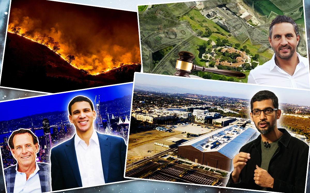 From top left, clockwise: The Woolsey Fire, Mauricio Umansky, Google’s CEO, Sundar Pichai and The Spruce Goose Hangar, and Pacific Union’s CEO Mark McLaughlin, and Compass CEO Robert Reffkin