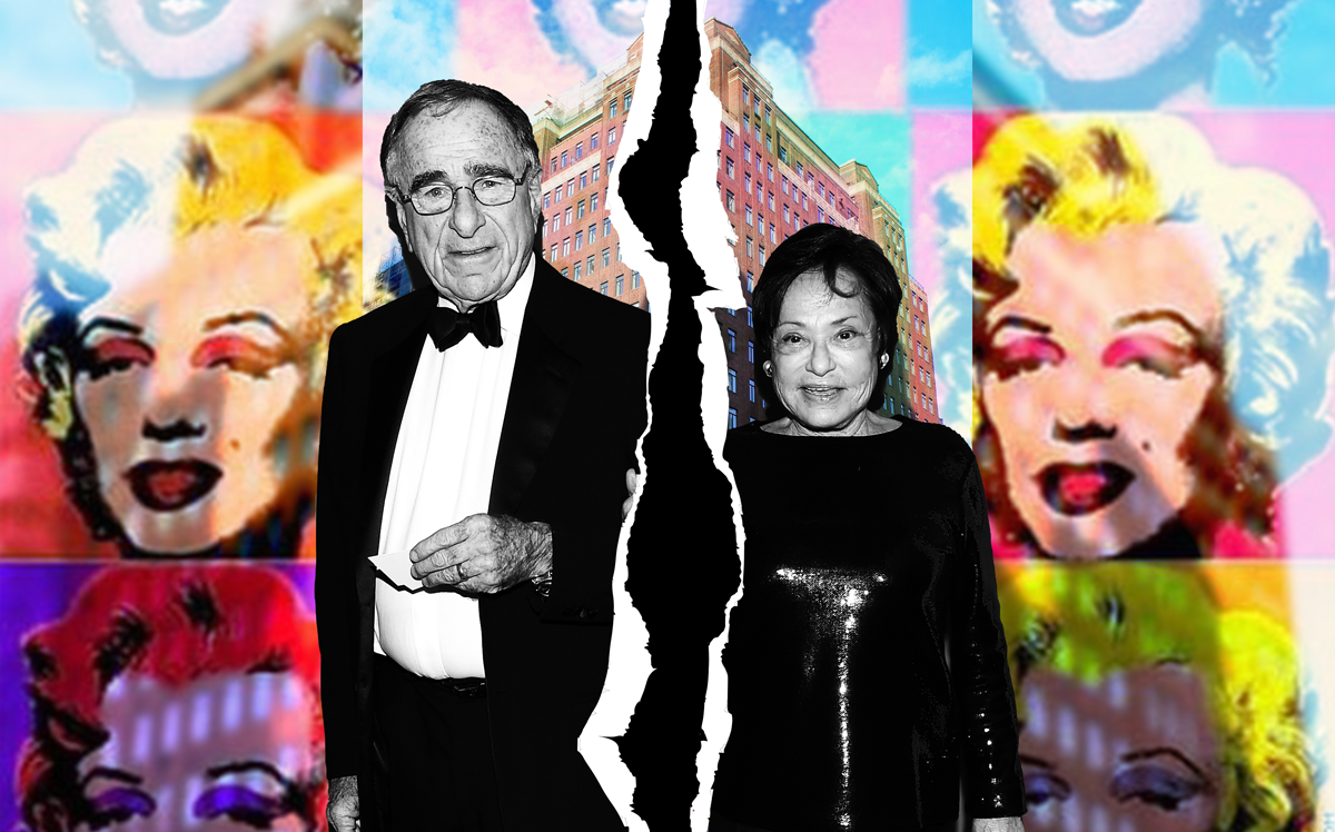 Harry Macklowe, Linda Macklowe, and 737 Park overlayed Warhol's 9 Marilyn's collage (Credit: Getty Images and Wikipedia)