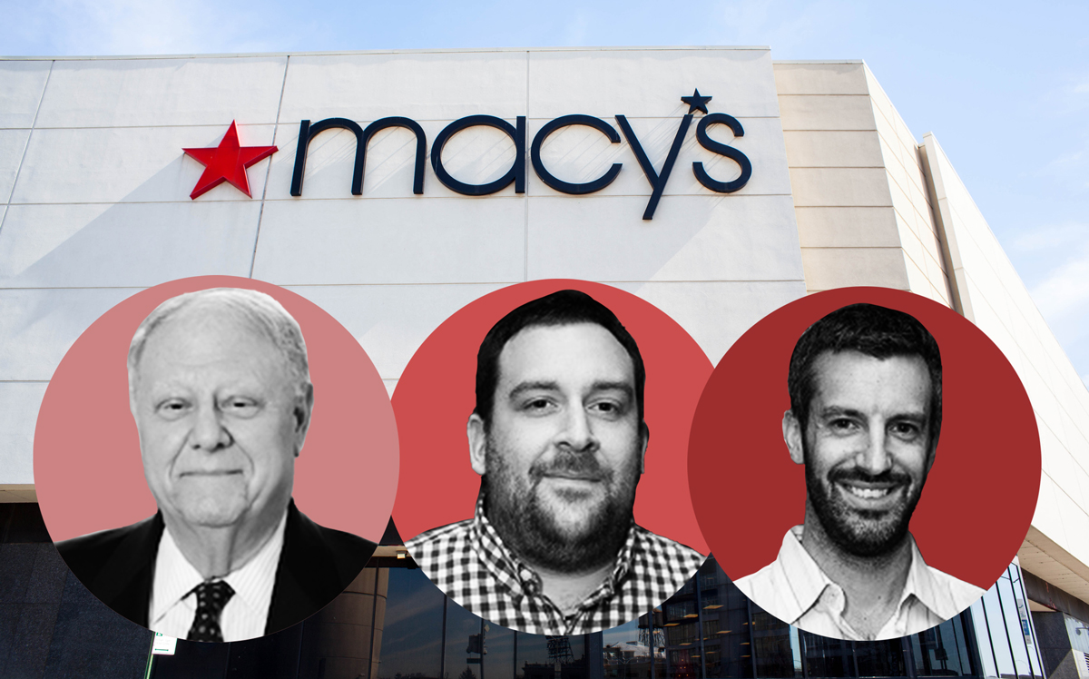 From left: Angelo Gordon CEO Michael Gordon, GW Properties principals Shai Wolkowicki and Mitch Goltz (right), and a Macy's store (Credit: iStock)