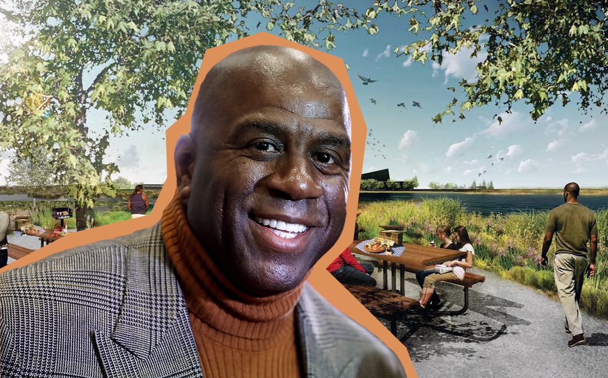 Magic Johnson and a rendering of Magic Johnson Park (Credit: Getty Images and the office of Supervisor Mark Ridley-Thomas)