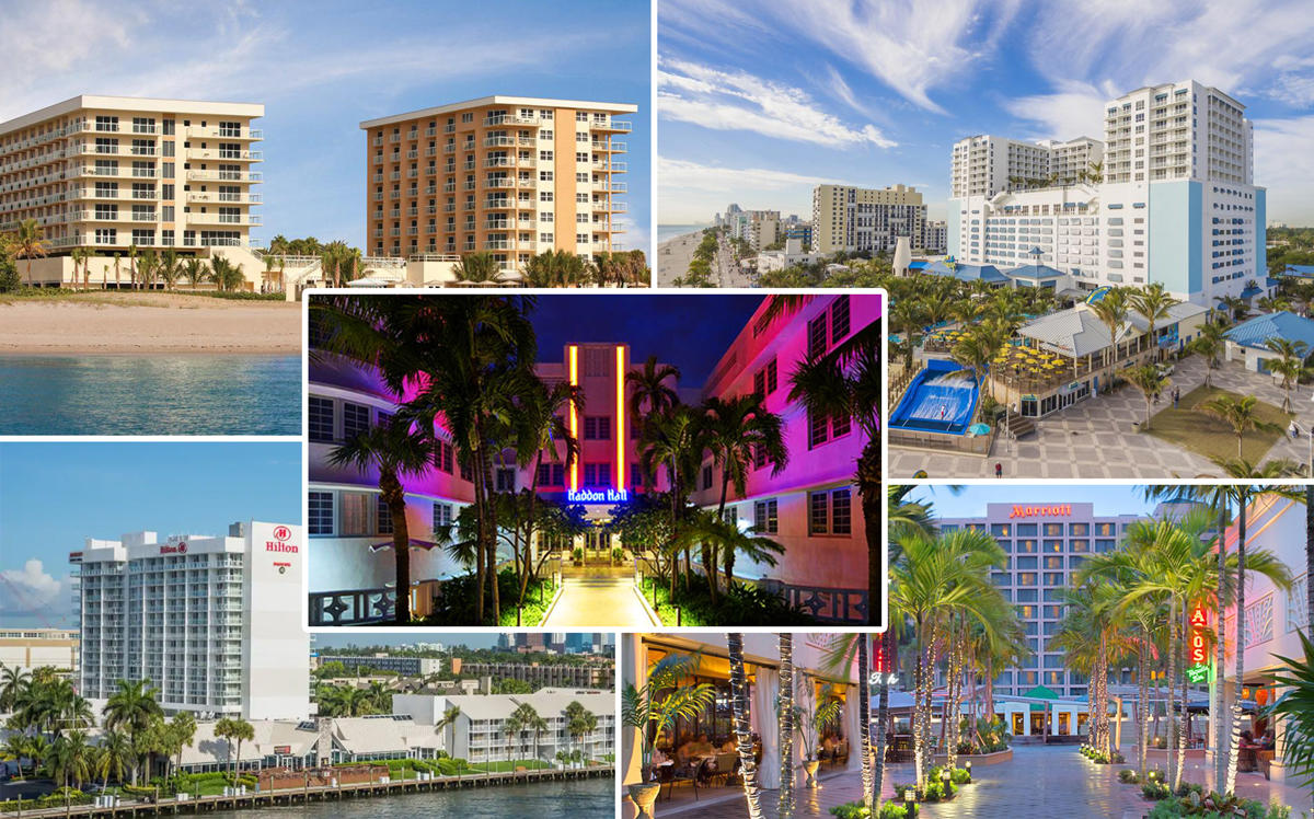 Clockwise from top left: Fort Lauderdale Marriott Pompano Beach Resort &amp; Spa, Margaritaville Hollywood Beach Resort, Boca Raton Marriott, Hilton Fort Lauderdale Marina, Hall South Beach