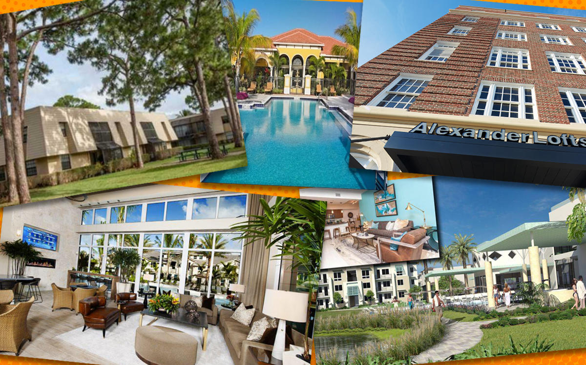 From top left, clockwise: The Fountains Apartments, Gables Marbella, Alexander Lofts, Quaye at Wellington, and Gables Aventura.