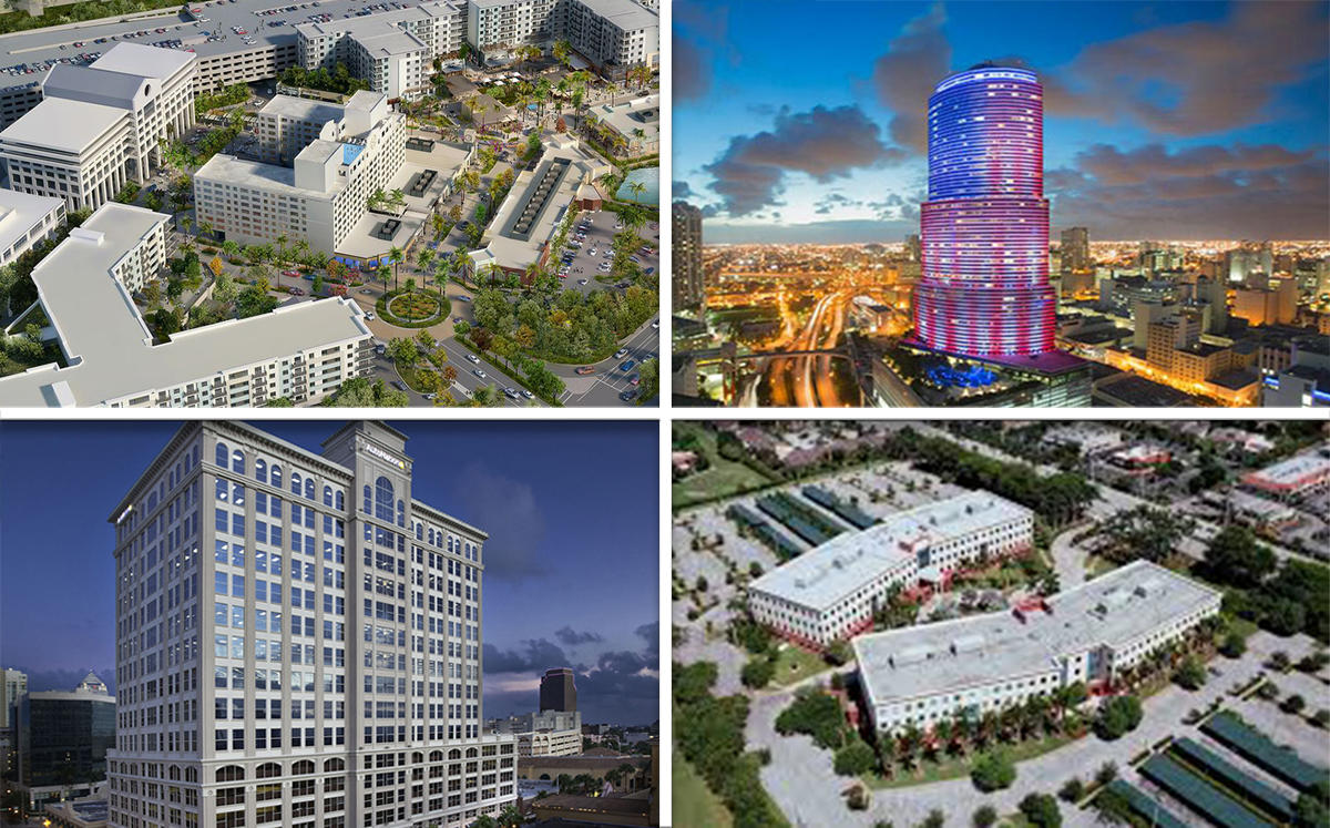 From top left clockwise: Plantation Walk rendering, Miami Tower, Doral Costa Office Park and the AutoNation building
