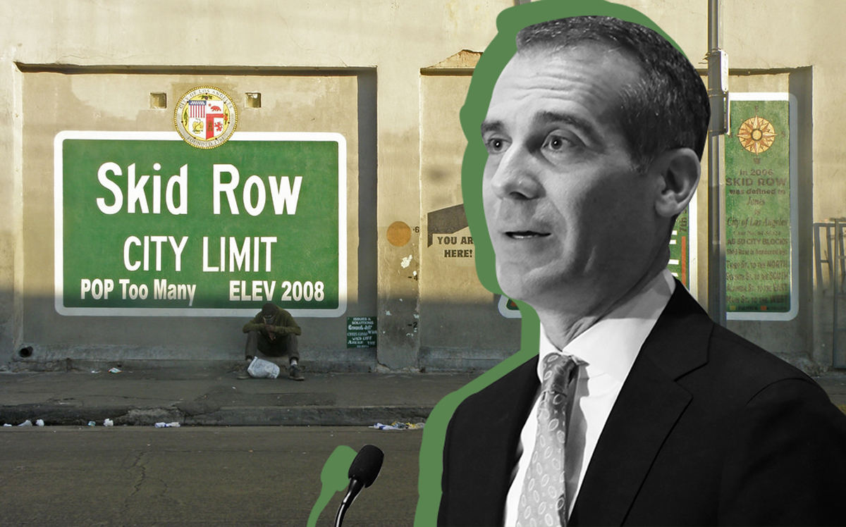 Los Angeles Mayor Eric Garcetti and the Skid Row City Limits mural (Credit: Getty Images and Flickr)