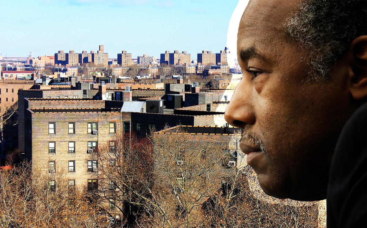 Queensbridge Houses at 10-06 41st Avenue in Queens and Ben Carson (Credit: Wikipedia and Getty Images)