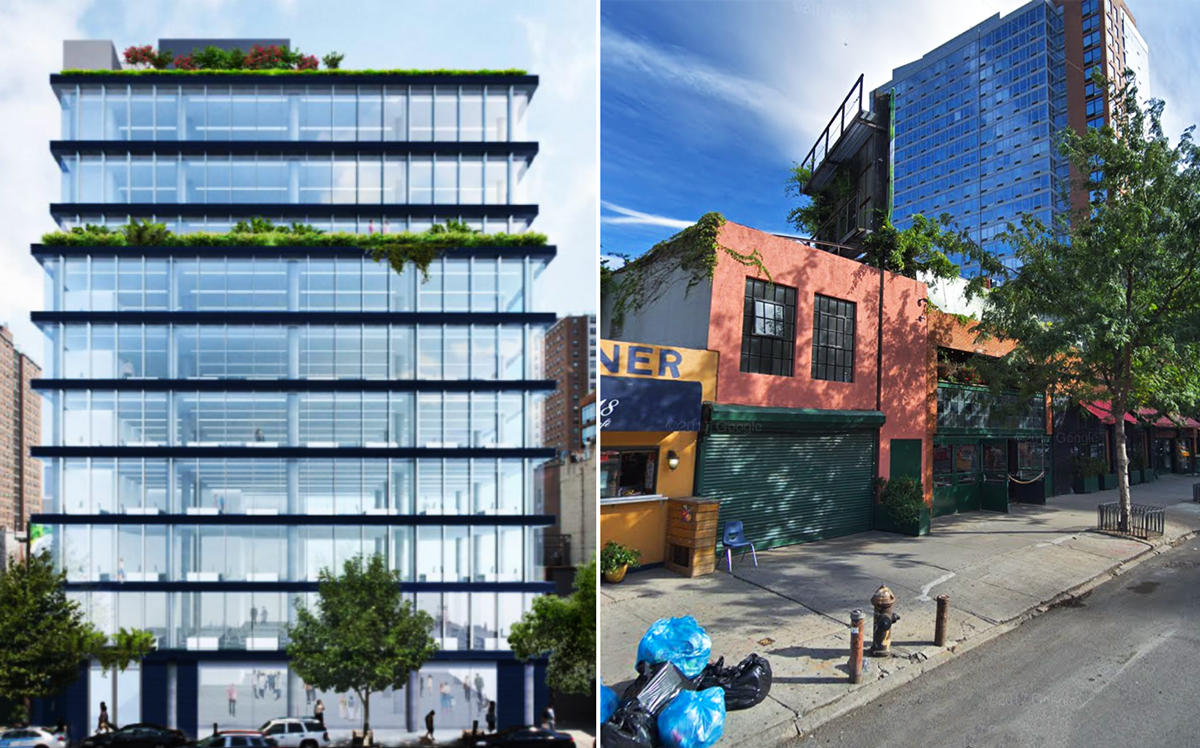 A rendering of 118 and 124 Tenth Avenue and a current view of the property (Credit: Real Estate Equities Corporation and Google Maps)