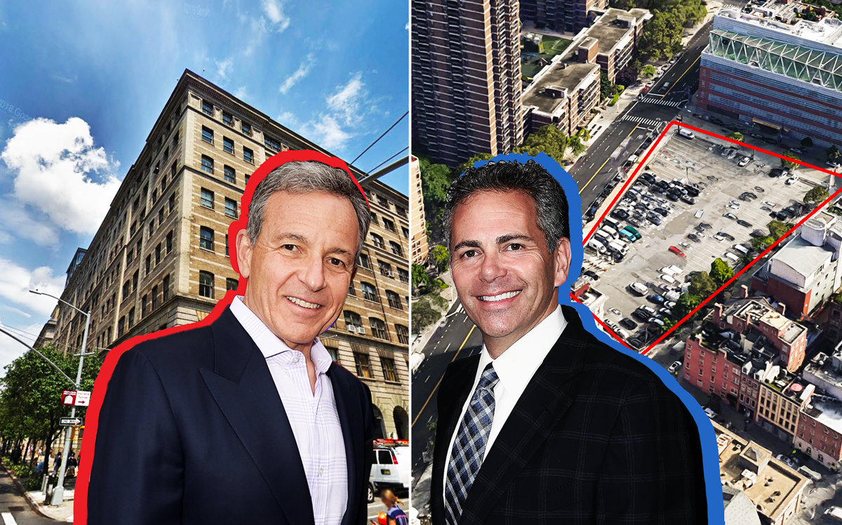 Bob Iger with 4 Hudson Square and Howard Hughes’ David Weireb with an aerial view of 250 Water Street (Credit: Getty Images and Google Maps)