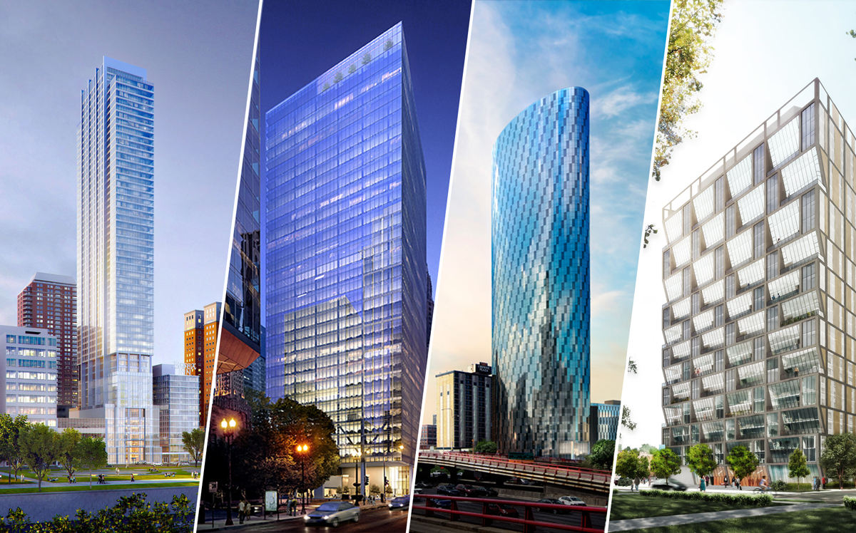 From left: Essex on the Park at 808 South Michigan Avenue, The CNA Center 151 North Franklin Street, 727 West Madison Street, and Solstice on the Park at 1616 East 56th Street