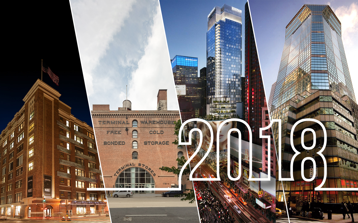 From left: Chelsea Market at 75 Ninth Avenue, Terminal Stores at 271 11th Avenue, 701 Seventh Avenue, and 425 Lexington Avenue (Credit: GACE Consulting Engineers, Witkoff, Hines, and iStock)